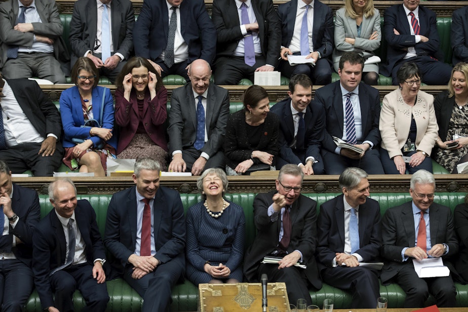 caption: Handout photo issued by UK Parliament of Prime Minister Theresa May during the Brexit debate in the House of Commons, London. (UK Parliament/Jessica Taylor /PA Wire)