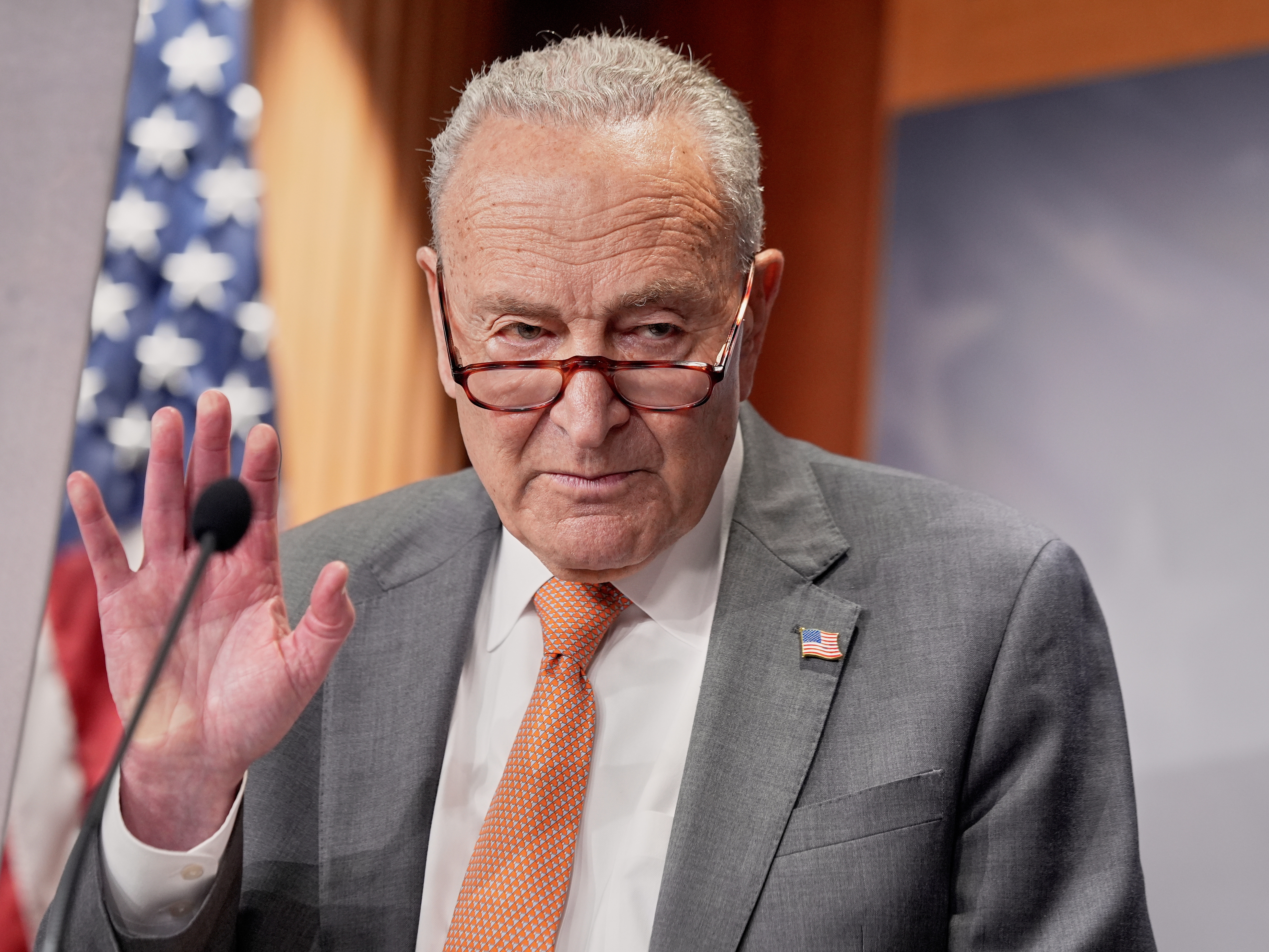 caption: Sen. Minority Leader Chuck Schumer of N.Y., speaks during a news conference on tariffs, Thursday, July 31, 2025, in Washington.