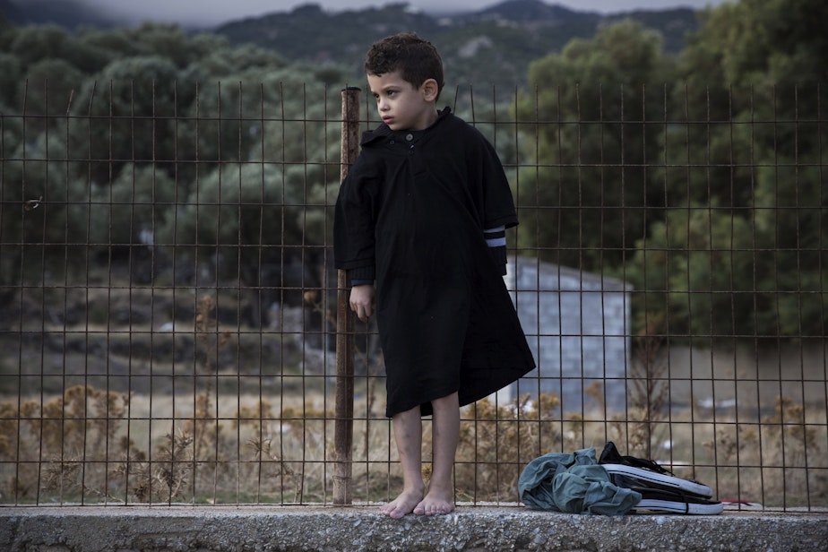 caption: A barefoot boy stands on a cement wall after his family's arrival on a dinghy from the Turkish coasts to the northeastern Greek island of Lesbos. About half a million refugees have crossed the Mediterranean this year, although few will end up in Seattle.