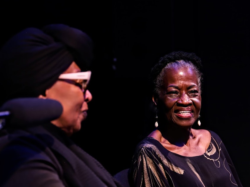 caption: Office of arts and culture director royal alley-barnes (left) and executive director of Nu Black Arts West Theatre Kibibi Monie during a roundtable discussion with KUOW at the Langston Hughes Performing Arts Institute.