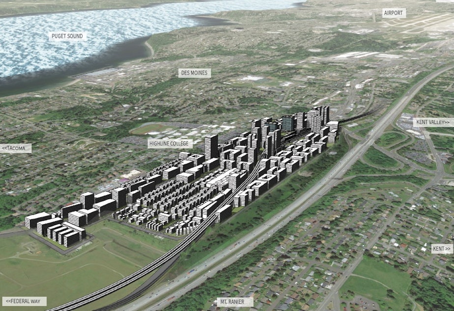 caption: A new community at the Kent Des Moines light rail station, as imagined by students Jingjing Bu, Fred Hines, Kristian London, Bill Nicholson in 2017. They were exploring what could be built using a "housing benefit district" model.