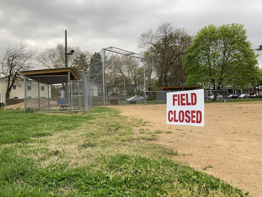 caption: A baseball field in Glenside, Pa., remains closed amid the coronavirus pandemic.