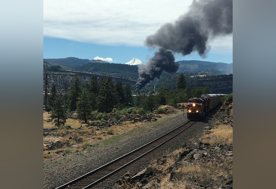 caption: <p>Train derailment fire as seen from Coyote Wall area on Washington state Route 14.</p>