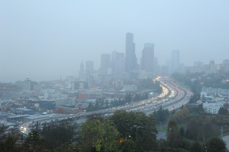 caption: Fog descends upon Seattle