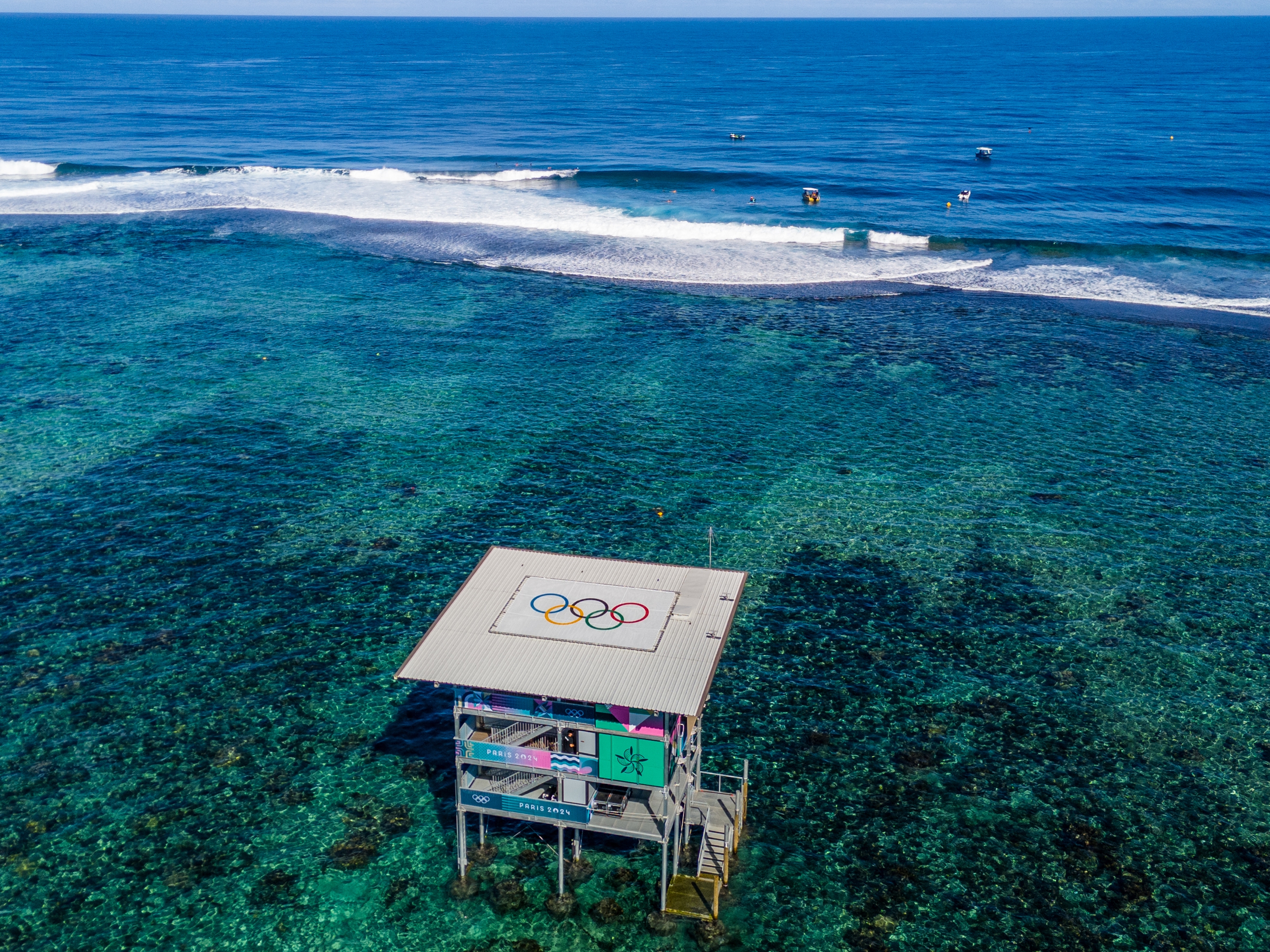 caption: The tower for judges and field of play are pictured during a surfing training session in Teahupo'o earlier this month.