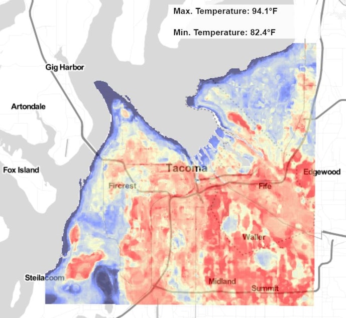 caption: A heat map produced in 2019 shows which parts of Tacoma get hottest on a summer afternoon.