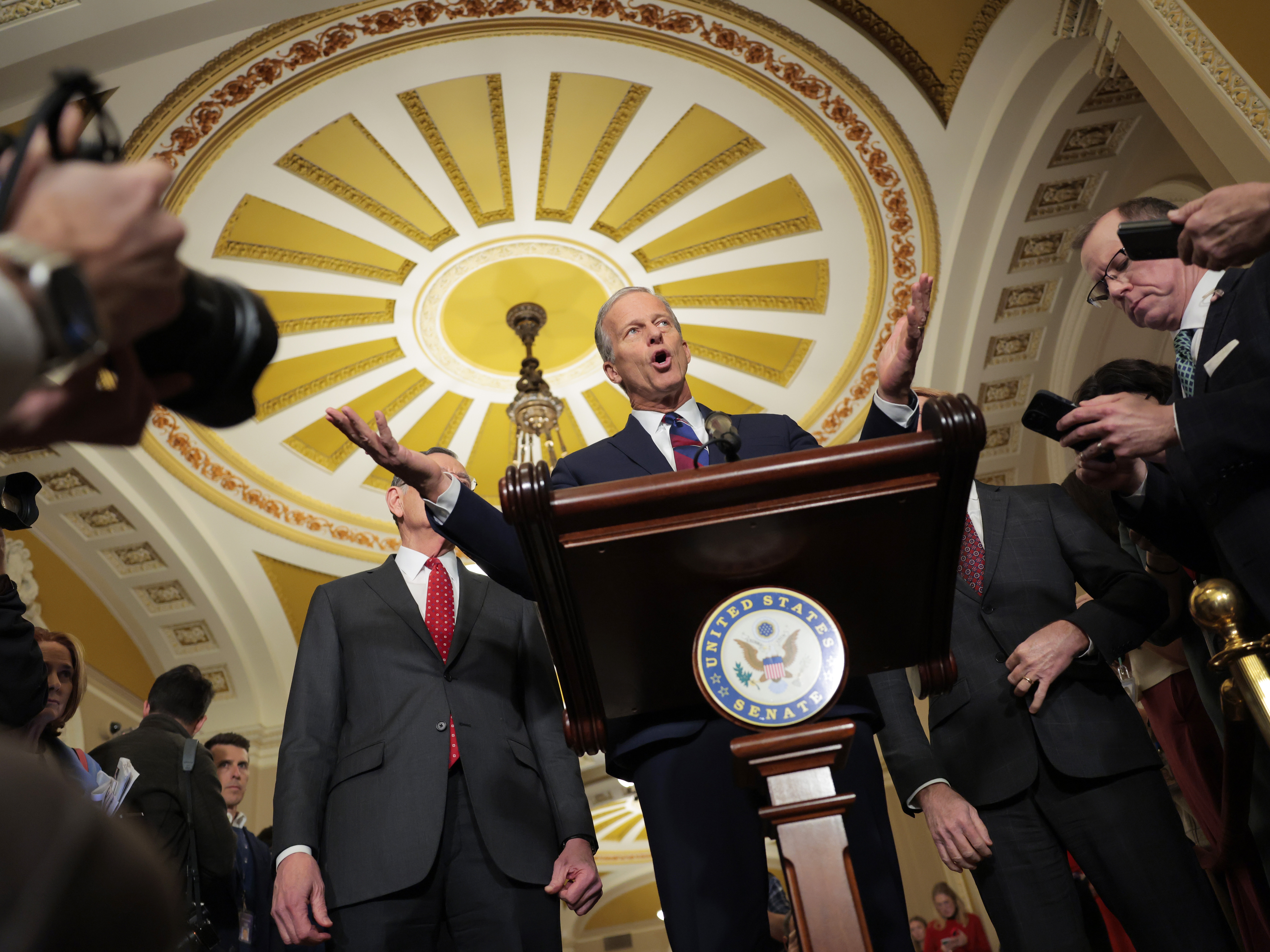 caption: Senate Majority Leader John Thune, R-S.D., addressed reporters in December. Thune says he expects briefings this week on the strikes in Venezuela and arrest of Venezuelan president Nicolás Maduro.