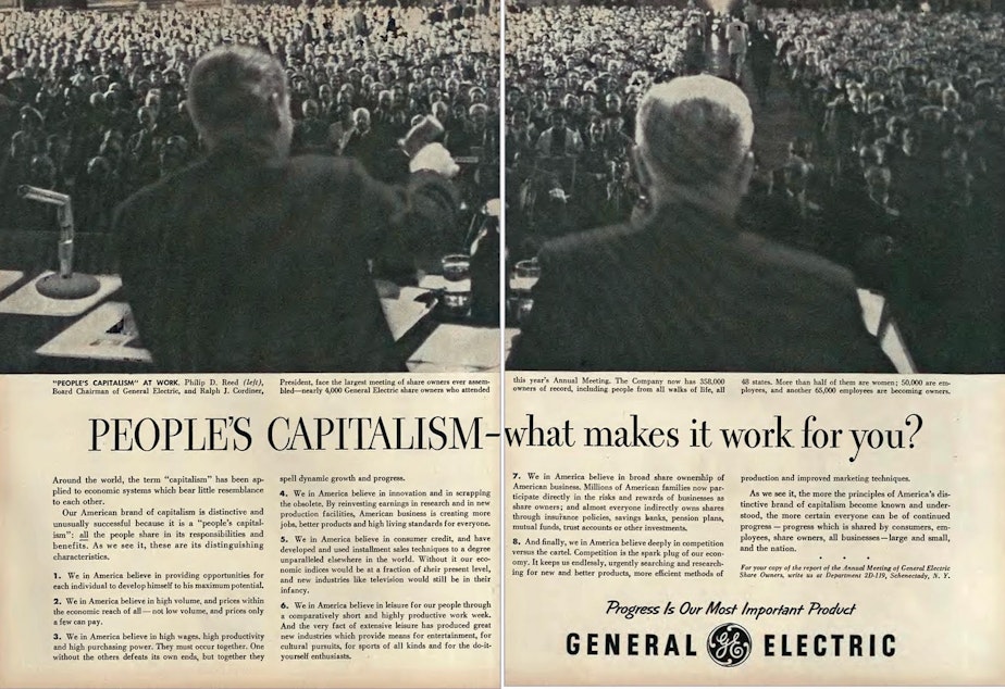 caption: An ad from the June 18, 1956 issue of Time Magazine lays out the case for "People's Capitalism," which historian Margaret O'Mara says was presented as an alternative to labor unions.