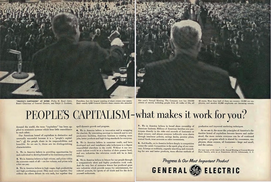 caption: An ad from the June 18, 1956 issue of Time Magazine lays out the case for "People's Capitalism," which historian Margaret O'Mara says was presented as an alternative to labor unions.