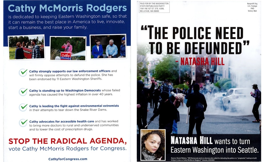 caption: A mailer sent out to Spokane residents. Washington Republicans have criticized Congresswoman Cathy McMorris Rodgers opponent Natasha Hill on public safety.