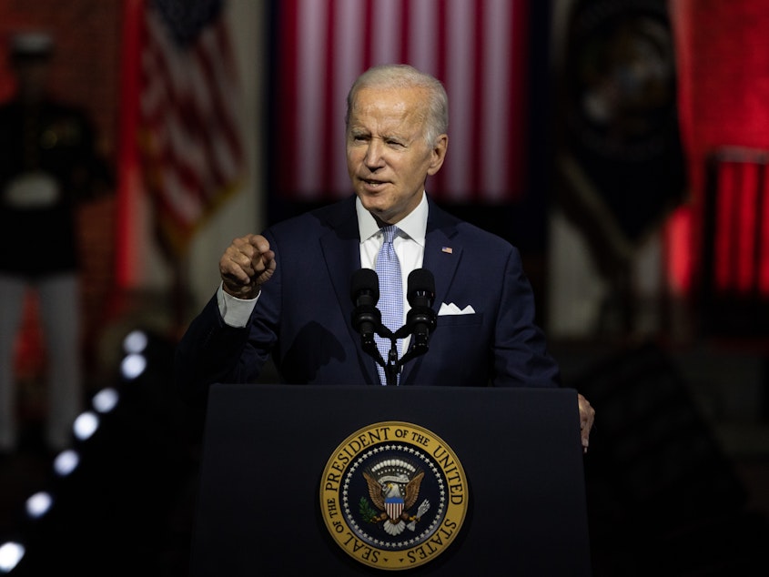 caption: President Joe Biden argued that Donald Trump's supporters pose a threat to U.S. democracy during an address billed as the "battle for the soul of the nation" at Independence National Historical Park in Philadelphia on Thursday.