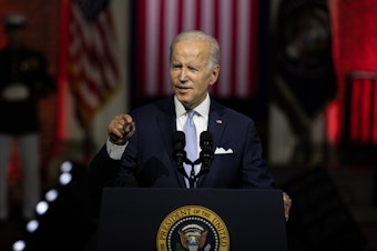 caption: President Joe Biden argued that Donald Trump's supporters pose a threat to U.S. democracy during an address billed as the "battle for the soul of the nation" at Independence National Historical Park in Philadelphia on Thursday.