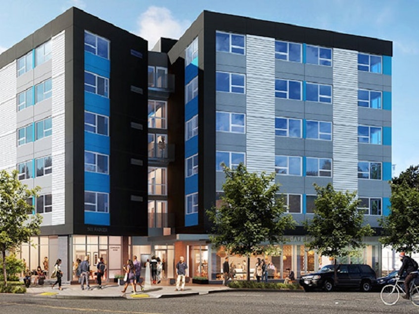 caption: An artist's rendition of the new Plymouth Housing building underway on Rainier Avenue South in the Chinatown-International District.