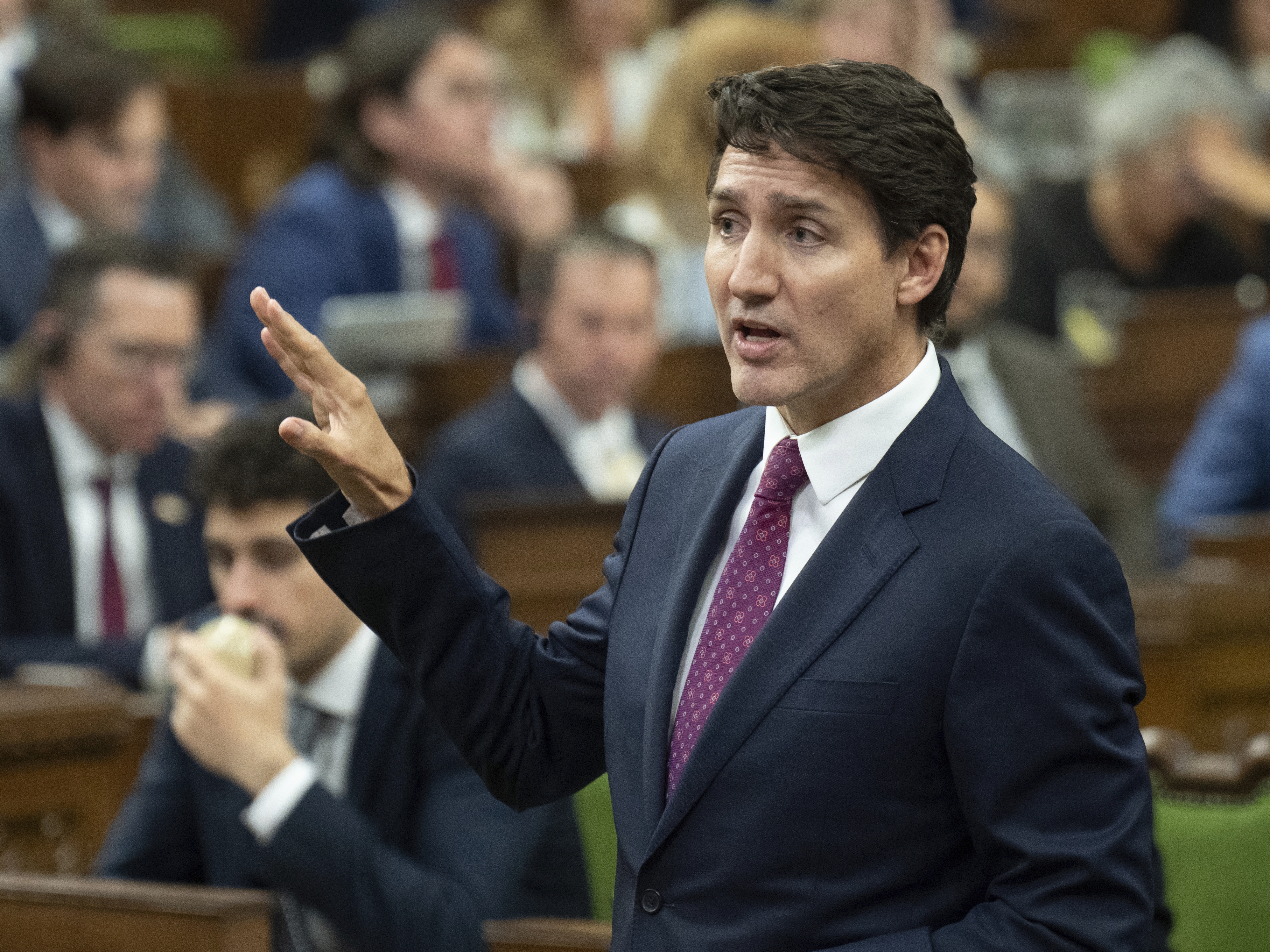 caption: Canada Prime Minister Justin Trudeau rises during Question Period in Ottawa, Tuesday, Oct. 22, 2024.