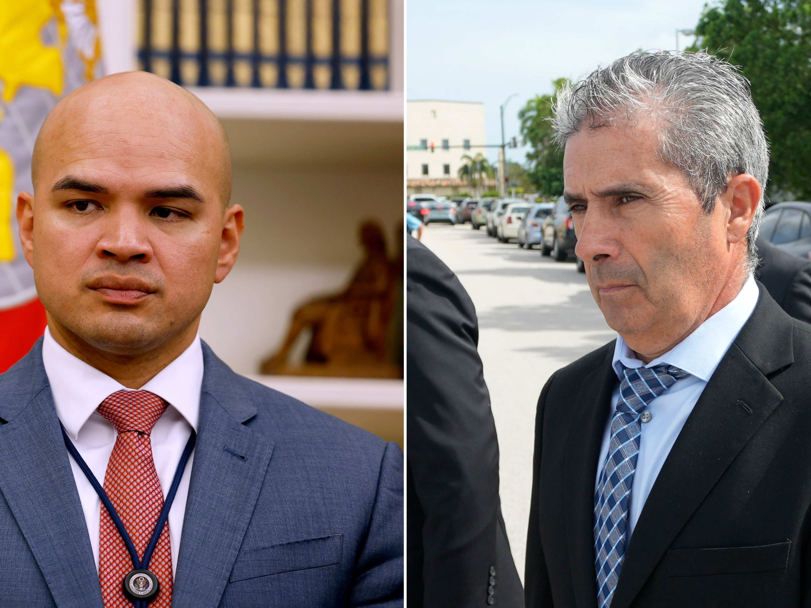 caption: Walt Nauta, an aide to President Trump, listens as Trump signs executive orders in the Oval Office on Jan. 23, in Washington, D.C. Right: Carlos De Oliveira, center, property manager of former Trump's Mar-a-Lago estate, leaves the U.S. Courthouse following his arraignment hearing on Aug. 15, 2023, in Fort Pierce, Fla.