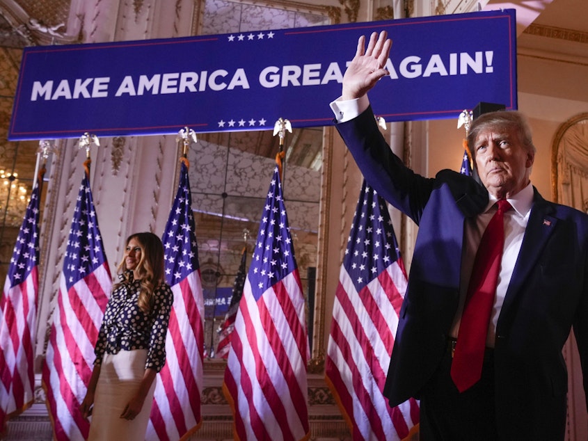caption: Former President Donald Trump in Palm Beach, Fla., on Tuesday. Trump announced he is once again running for president after being ousted in 2020 by President Joe Biden.