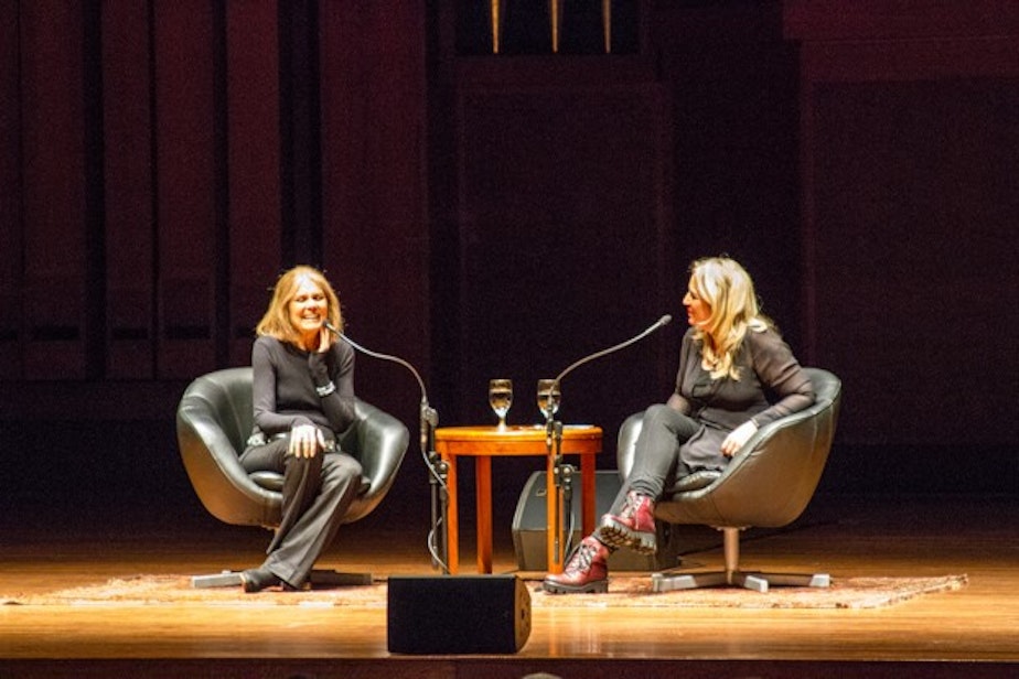 caption: Gloria Steinem and Cheryl Strayed at Benaroya Hall on Nov. 8.
