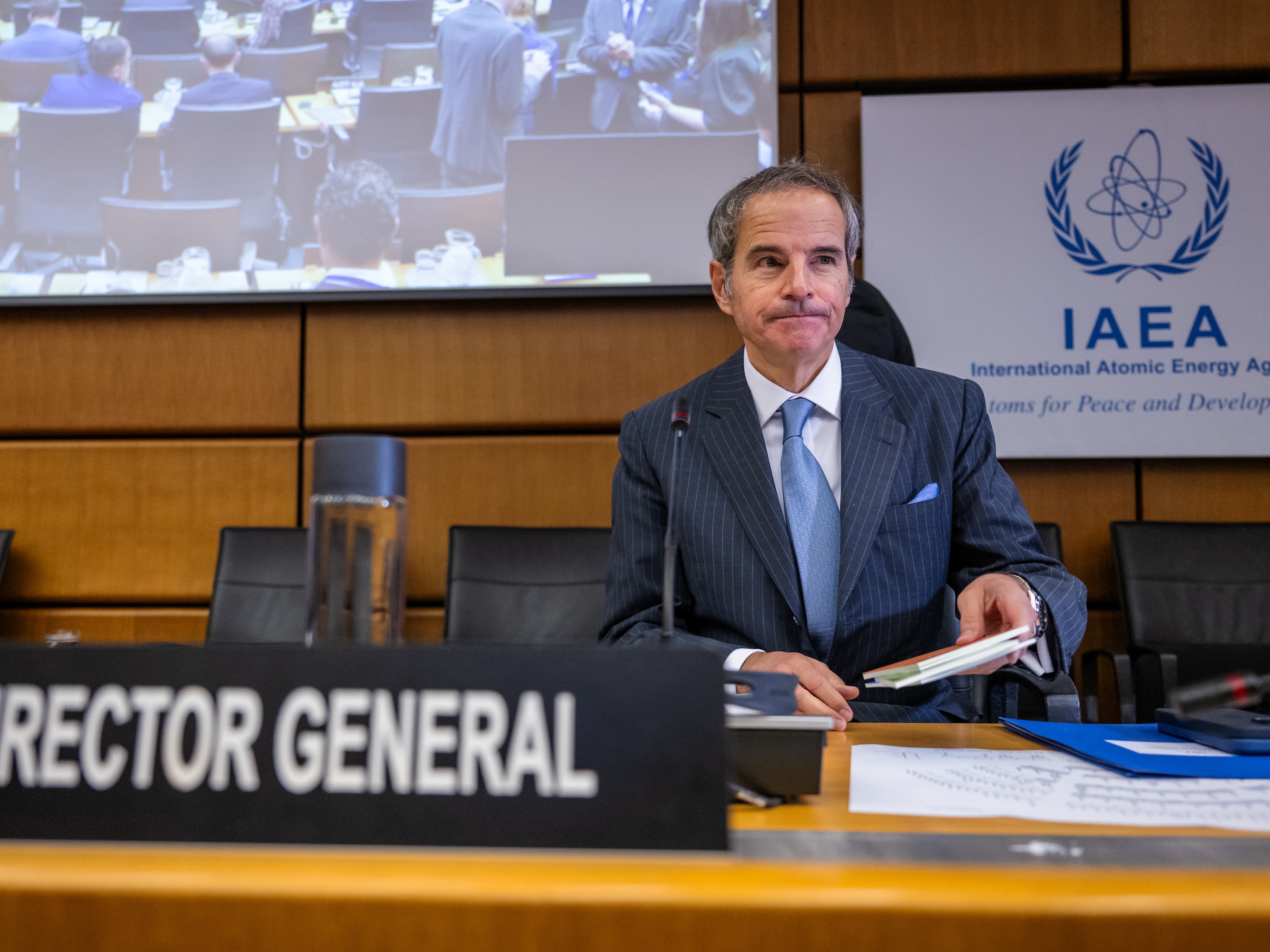 caption: Rafael Mariano Grossi, director general of the International Atomic Energy Agency, arrives for an IAEA meeting in Vienna, Austria, on June 23.