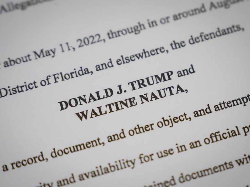 caption: Pages from the unsealed federal indictment of former President Donald Trump. On Monday he asked a Florida judge to delay his trial. Prosecutors asked for it to begin in December.