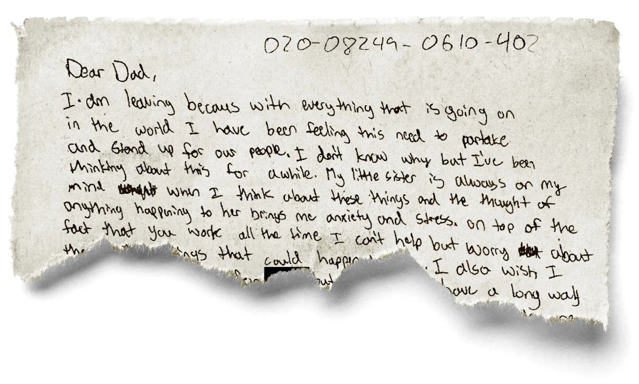 caption: Excerpt of the letter Antonio Mays Jr. left his father before he left Los Angeles for CHOP in Seattle, obtained via public records request from the Los Angeles Police Department.