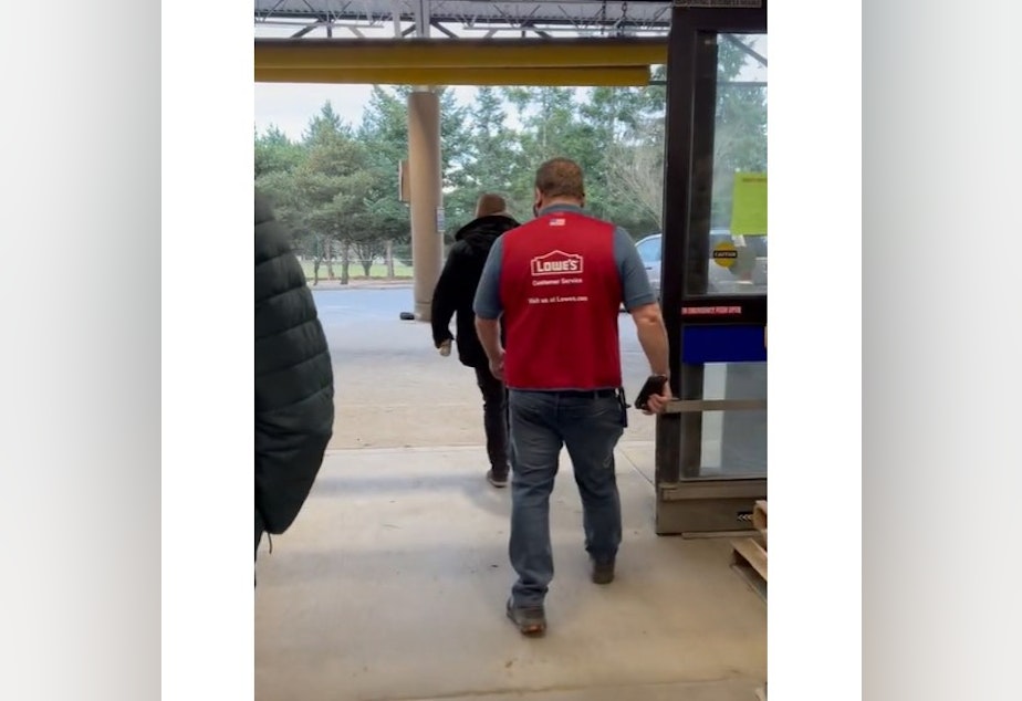 caption: In this video posted on TikTok and released by the King County Prosecutor's Office, a Lowe's employee confronts a man allegedly stealing merchandise from the store on Aurora Avenue North.