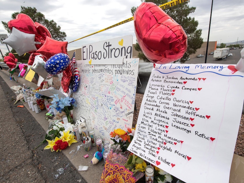 caption: The names of the shooting victims adorn a makeshift memorial at the Cielo Vista Mall Walmart in El Paso, Texas, on August 6, 2019. The August 3rd shooting left 22 people dead.