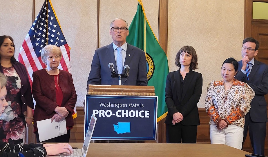 caption: Washington Governor Jay Inslee announces the state is stockpiling the abortion medication Mifepristone in case a pending Texas court ruling limits its availability