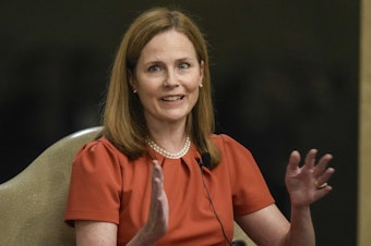 caption: Supreme Court Associate Justice Amy Coney Barrett speaks during the Seventh Circuit Judicial Conference on Monday, Aug. 28, 2023, in Lake Geneva, Wis.