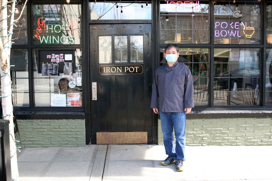 caption: Kyung Lee outside The Iron Pot restaurant in Kent