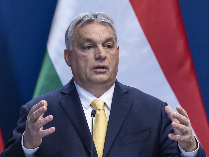 caption: Hungarian Prime Minister Viktor Orbán addresses the media during a wide-ranging international press conference on Thursday in Budapest, Hungary.