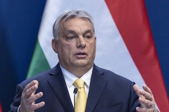 caption: Hungarian Prime Minister Viktor Orbán addresses the media during a wide-ranging international press conference on Thursday in Budapest, Hungary.