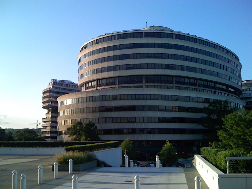 caption: The Watergate building in Washington D.C. 