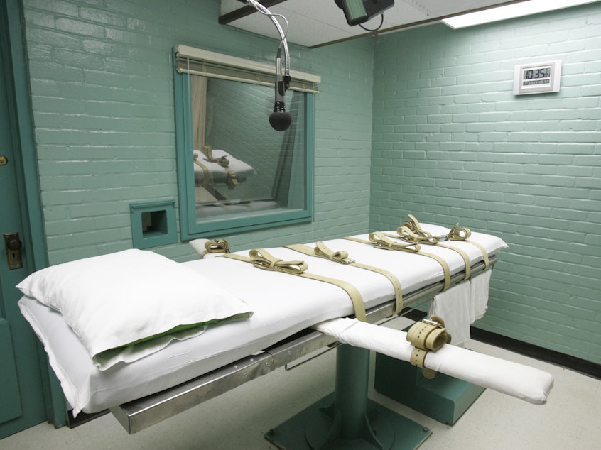 caption: A file photo from 2008 shows a gurney in Huntsville, Texas, where inmates received lethal injections of drugs. Eight people were executed in Texas in 2023. The state policies mention a "drug team," who are not employees of the Texas Department of Criminal Justice.