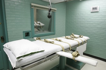 caption: A file photo from 2008 shows a gurney in Huntsville, Texas, where inmates received lethal injections of drugs. Eight people were executed in Texas in 2023. The state policies mention a "drug team," who are not employees of the Texas Department of Criminal Justice.