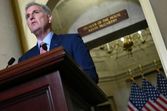 caption: Speaker of the House Kevin McCarthy speaks to reporters outside of his Capitol office on Tuesday.