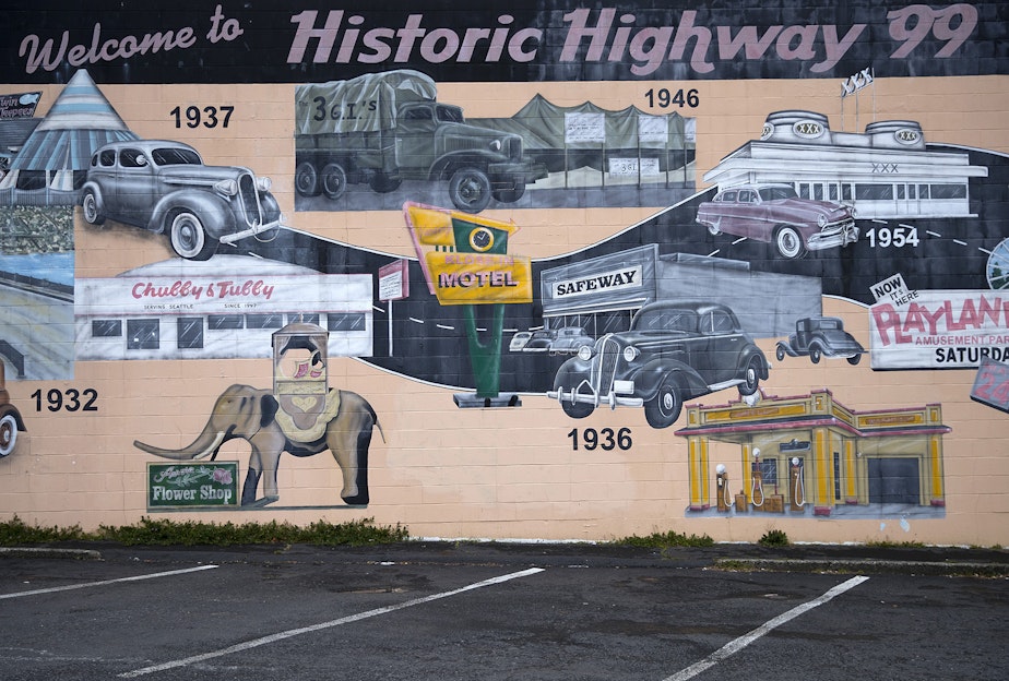 caption: A mural commissioned by the Aurora Merchants Association is shown on Monday, March 26, 2018, near the intersection of Aurora Avenue North and N.105th St., in Seattle.