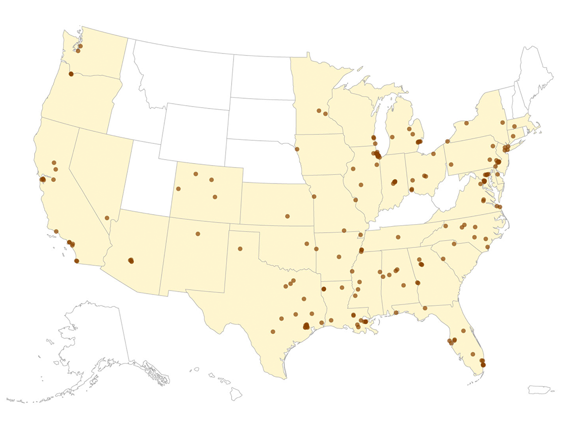 caption: Map of mass shootings in the United States in 2021 as of May 9