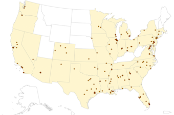 caption: Map of mass shootings in the United States in 2021 as of May 9