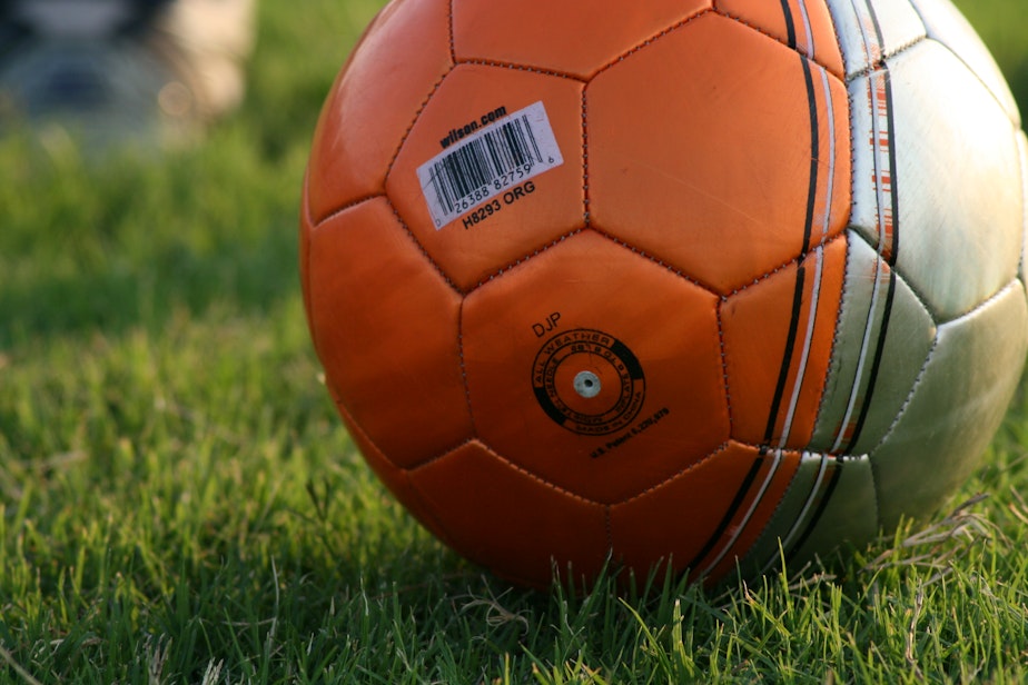 caption: Soccer ball on the field.