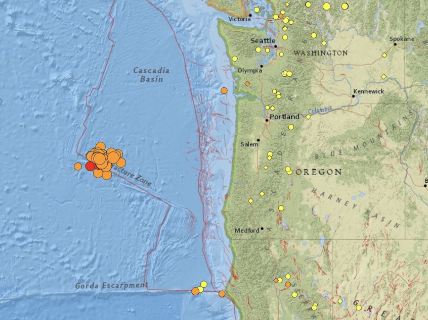 caption: A swarm of more than 50 earthquakes has been detected off the Oregon coast in the past 24 hours, prompting seismologists to reassure Pacific Northwest residents that they're not in danger. The Blanco Transform Fault Zone is very active, but it poses little threat, researchers say.