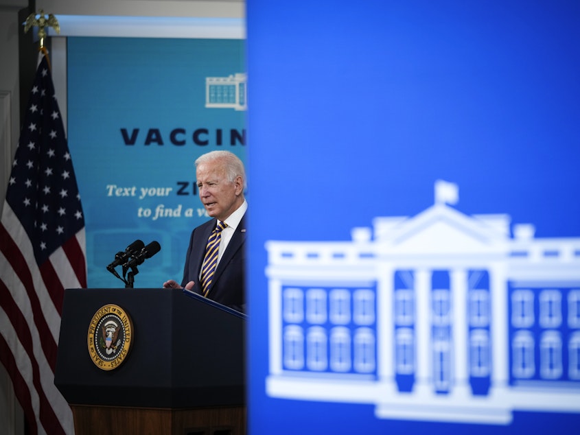 caption: President Joe Biden speaks in October about the coronavirus pandemic and encouraged states and businesses to support vaccine mandates.