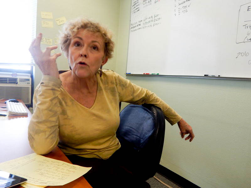 caption: Linda Brewster of Port Townsend is in Seattle to make some phone calls for I-735.
