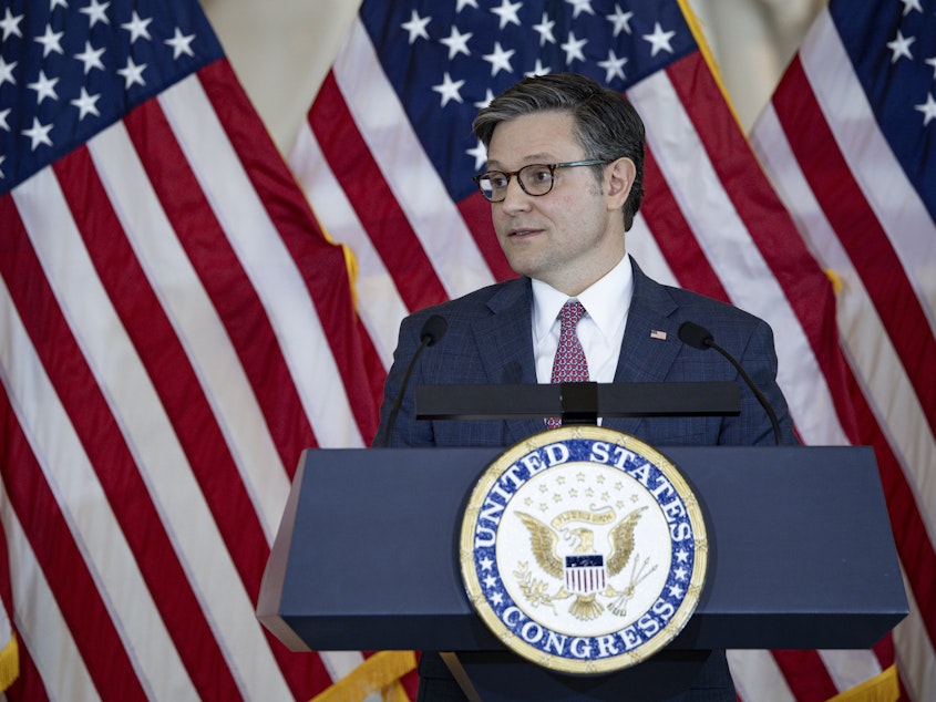 caption: House Speaker Mike Johnson, R-La., speaks during a Congressional Gold Medal Ceremony on April 10.