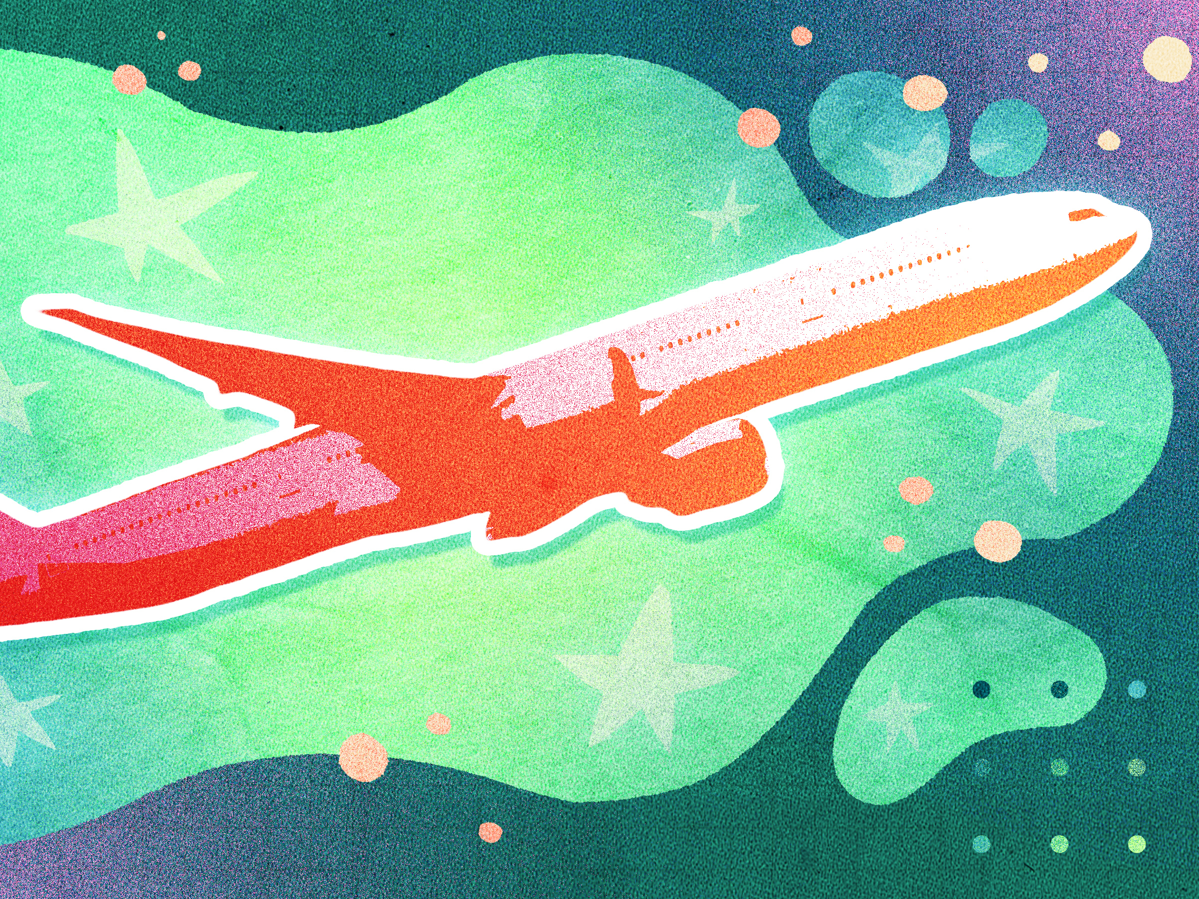 Cutout of a plane flying over a colorful green, teal, and pink background.