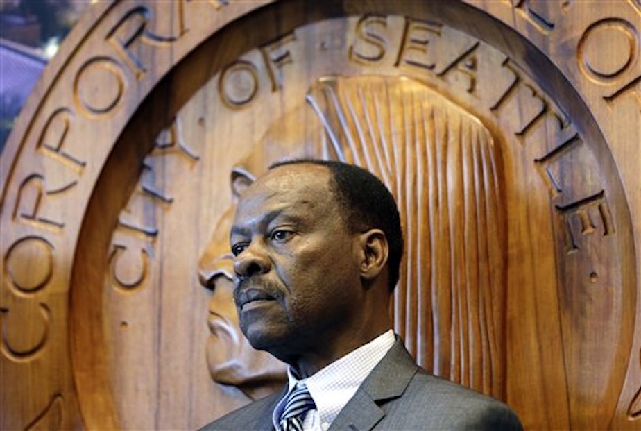 caption: Harry Bailey, interim chief of the Seattle Police, at a recent news conference.