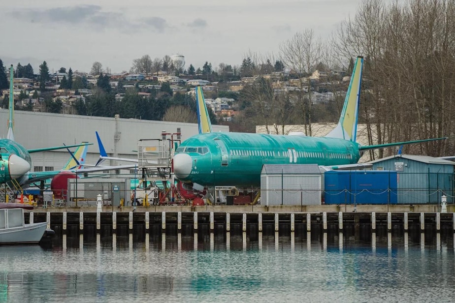 caption: The Federal Aviation Administration says it will continue to hold Boeing accountable after reviewing "the company’s roadmap to fix its systemic safety and quality-control issues." The 90-day review follows the in-flight door plug blowout on an Alaska Airlines 737 Max in January. Boeing finishes final assembly of its jets at at its facility in Renton, Wash.