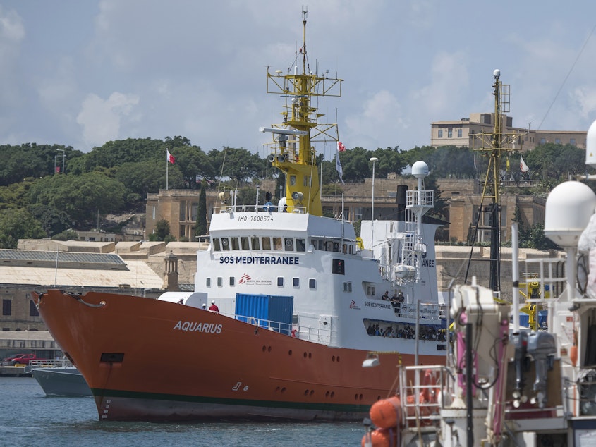 caption: The Aquarius rescue ship last month as it entered the harbor of Senglea, Malta.