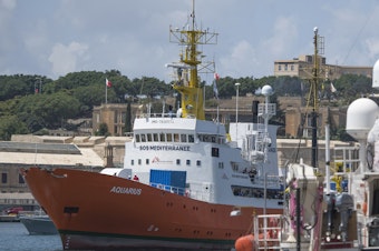 caption: The Aquarius rescue ship last month as it entered the harbor of Senglea, Malta.