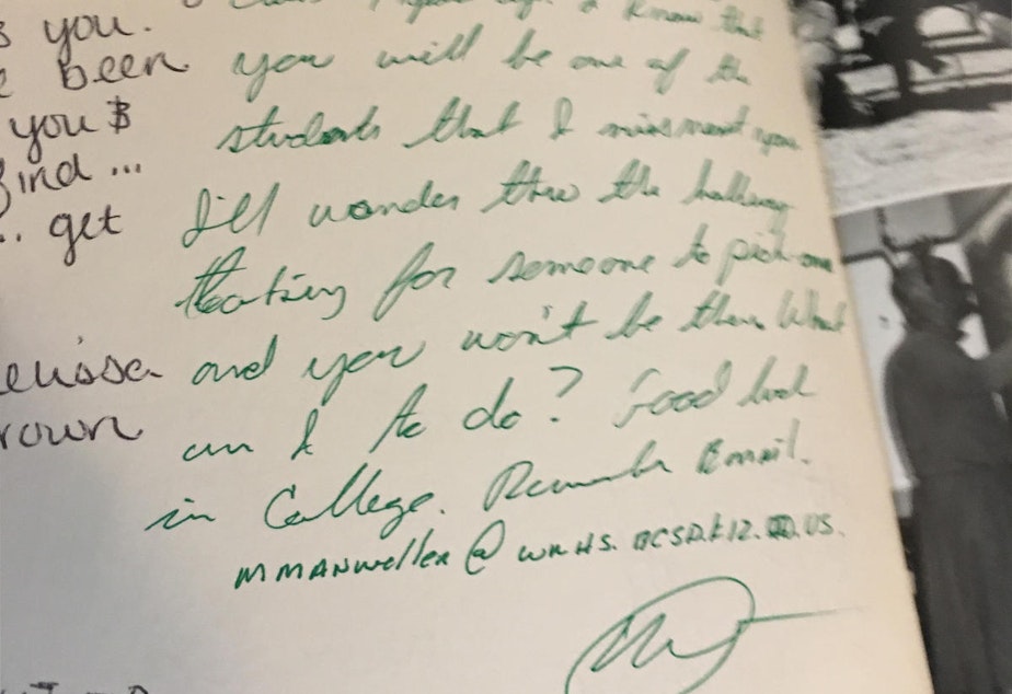caption: In the Idaho woman's senior yearbook, she says Manweller wrote a message telling her he would miss her.