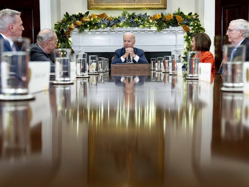 caption: President Joe Biden meets with congressional leaders to discuss legislative priorities for the rest of the year on Tuesday at the White House in Washington. From left: House Minority Leader Kevin McCarthy, Senate Majority Leader Chuck Schumer, Biden, House Speaker Nancy Pelosi, and Senate Minority Leader Mitch McConnell.